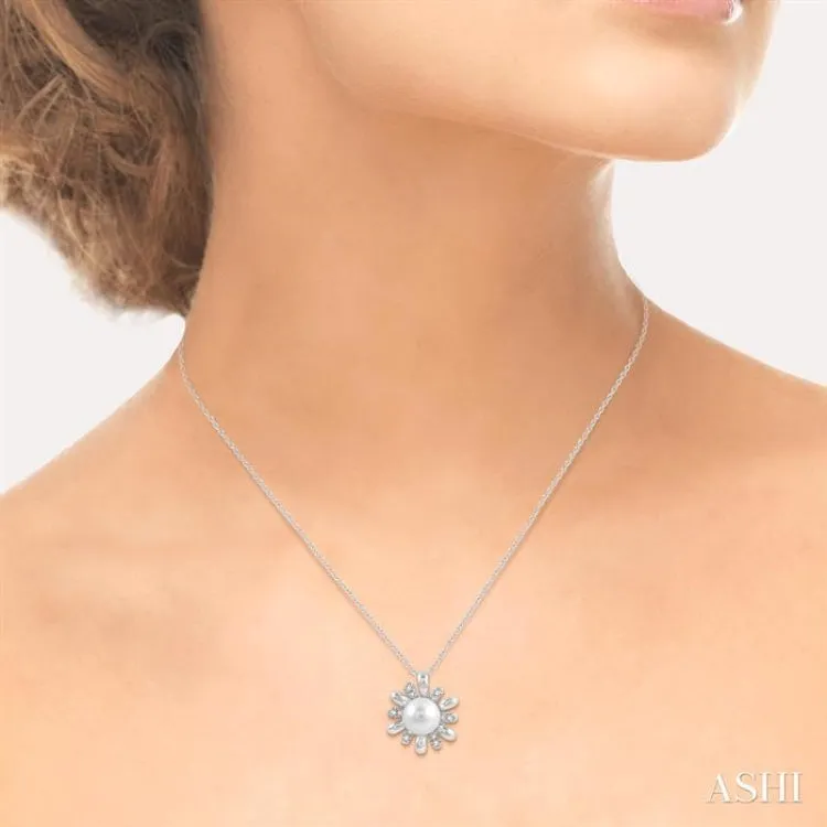 1/10 Ctw Floral 7MM Round Pearl & Round Cut Diamond Pendant With Chain in 10K White Gold