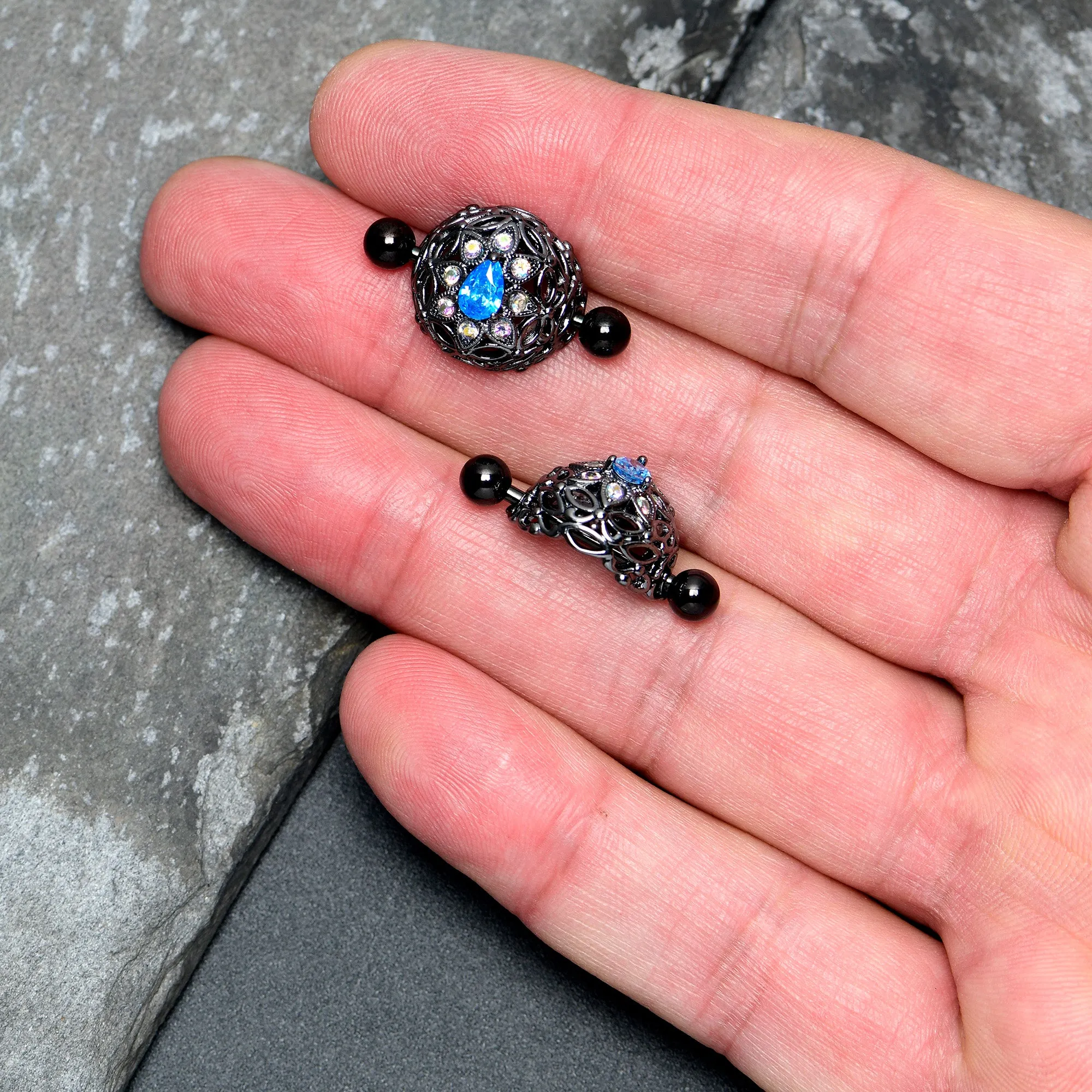 14 Gauge 9/16 Blue Aurora Gem Black Night Blossom Nipple Shield Set