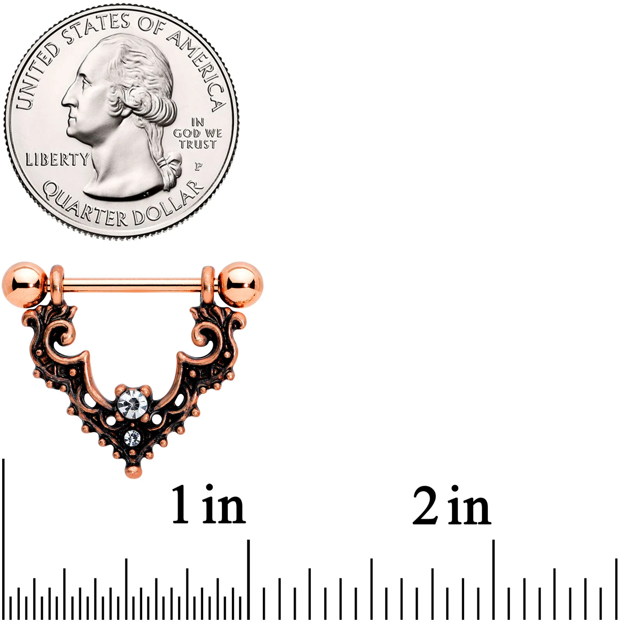 14 Gauge 9/16 Clear Gem Rose Gold Tone Baroque Bat Nipple Shield Set