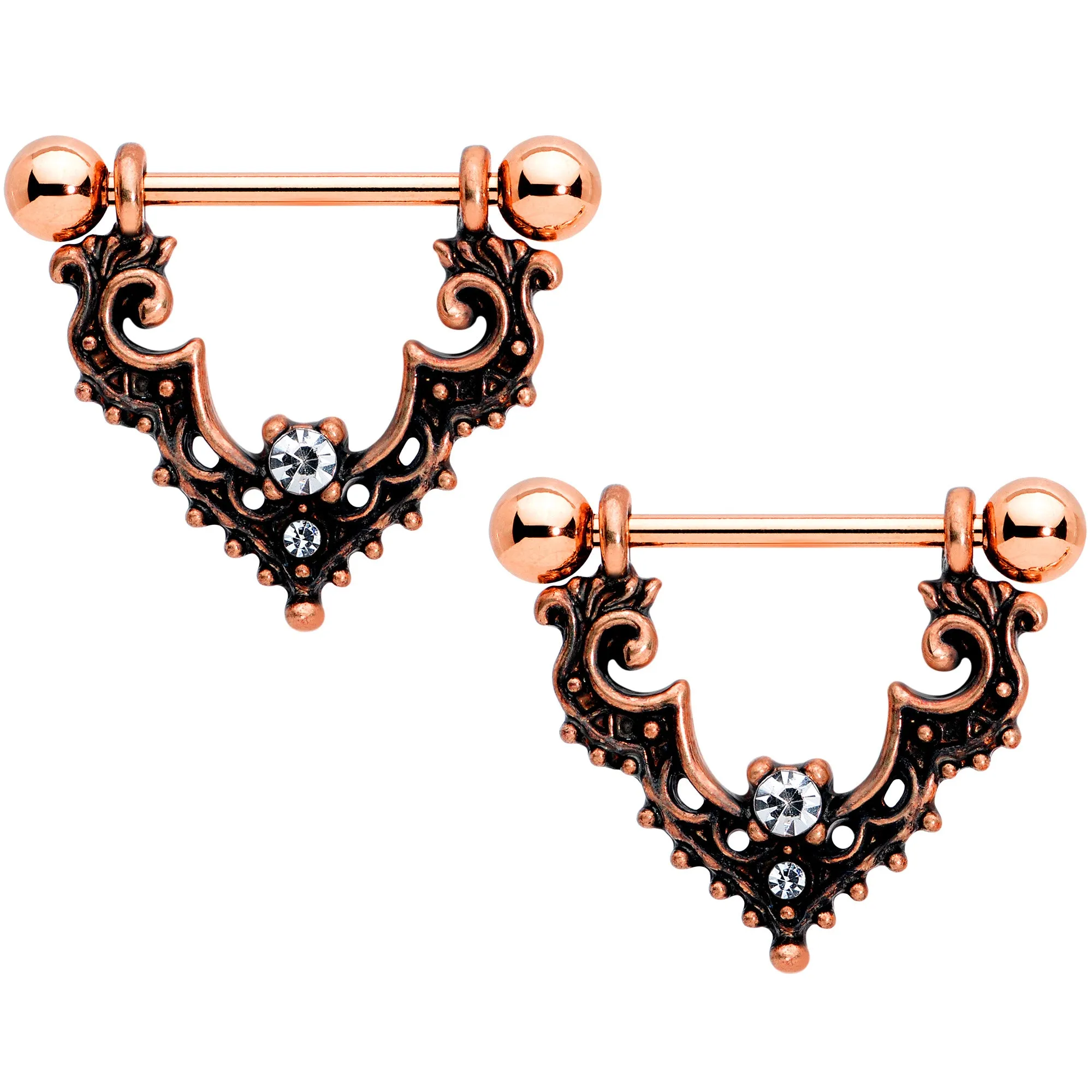14 Gauge 9/16 Clear Gem Rose Gold Tone Baroque Bat Nipple Shield Set