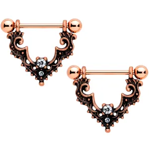 14 Gauge 9/16 Clear Gem Rose Gold Tone Baroque Bat Nipple Shield Set