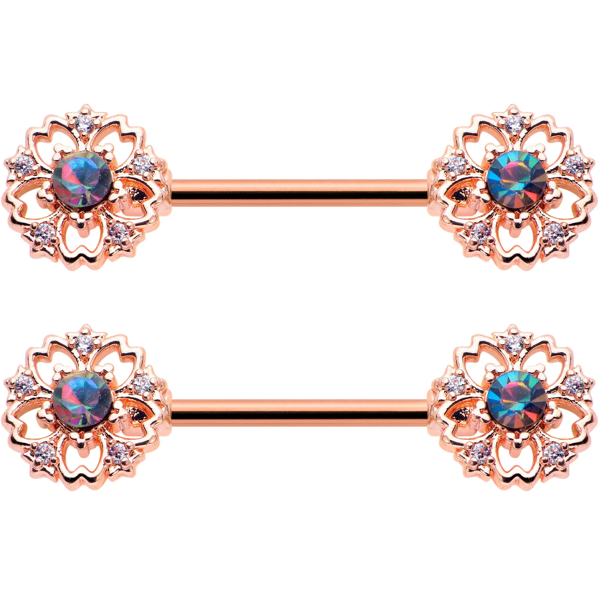 14 Gauge 9/16 Vitrail Gem Rosy Hue Flower Barbell Nipple Ring Set