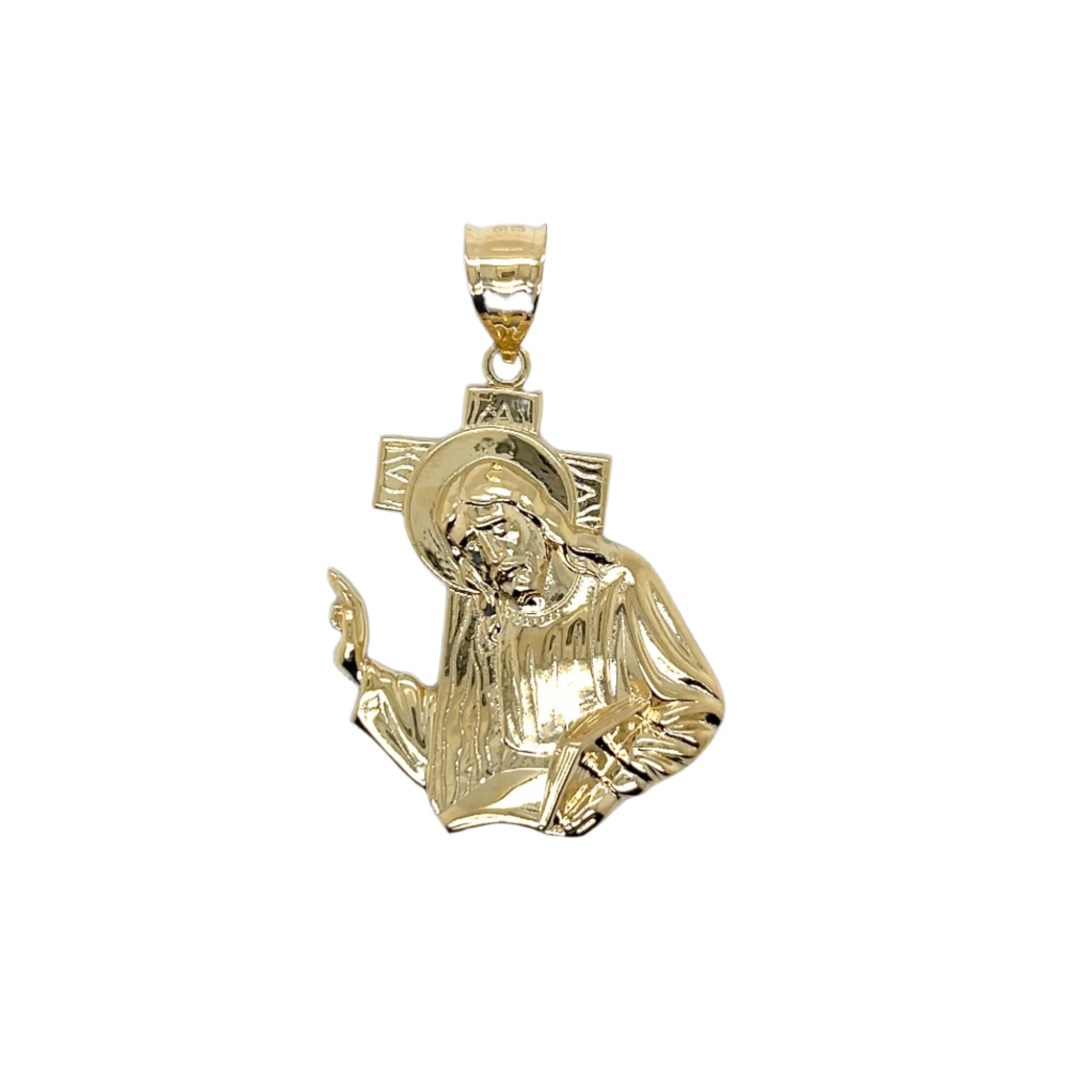 14K Gold Religious Plain Praying Jesus Carrying Cross Pendant