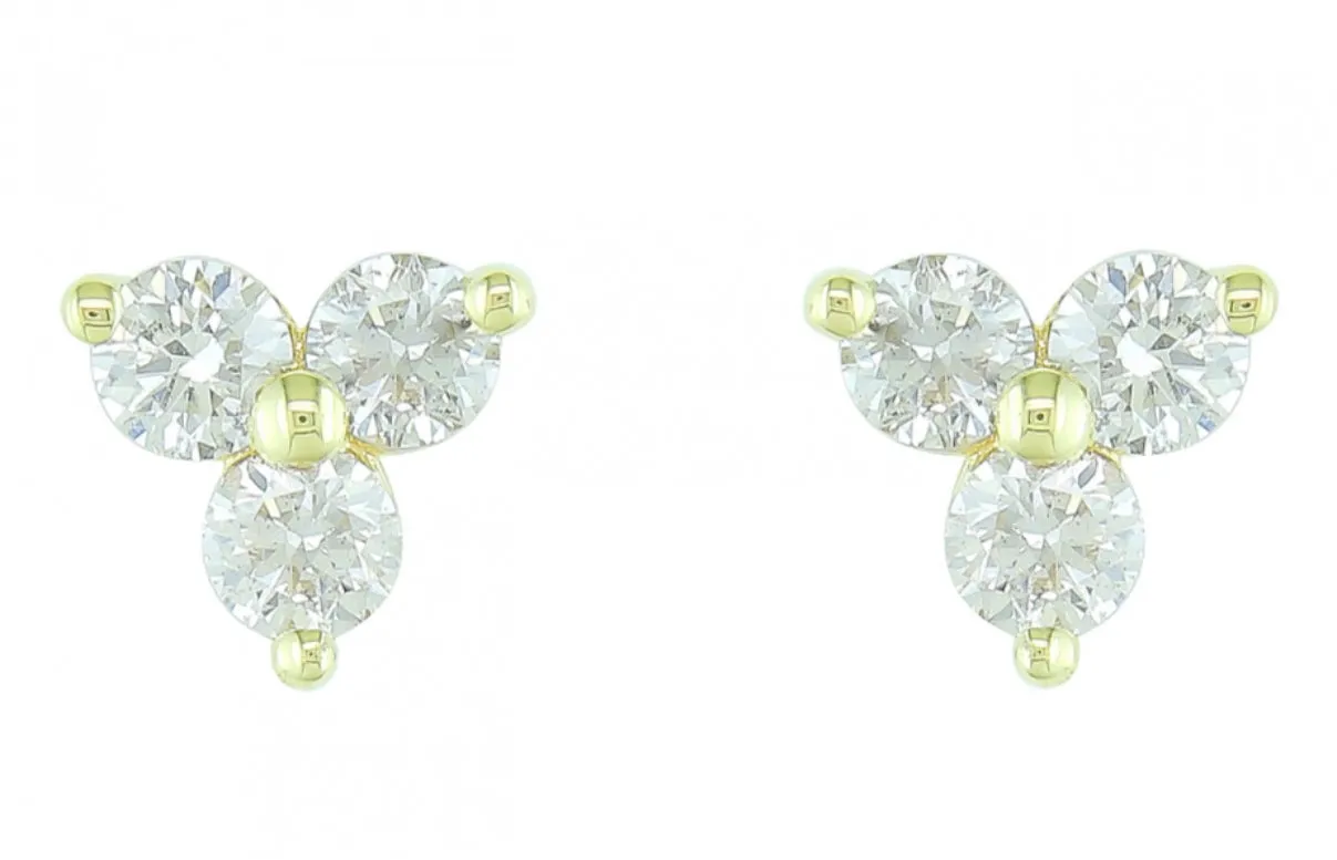 14K Yellow Gold 3 Stone Geometric Diamond Stud Earrings