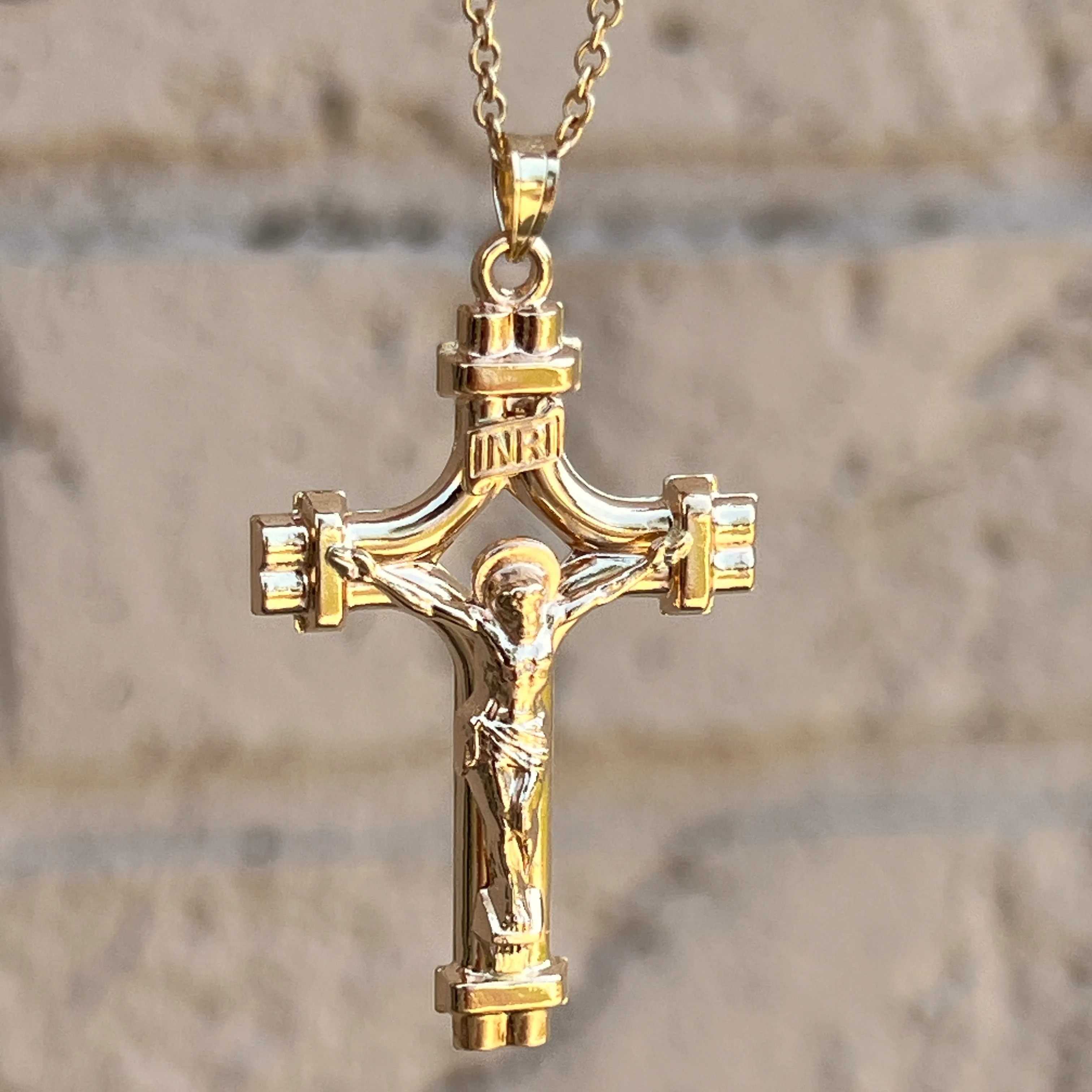 14K YELLOW GOLD XXL PIERCED TUBE INRI CRUCIFIX PENDANT