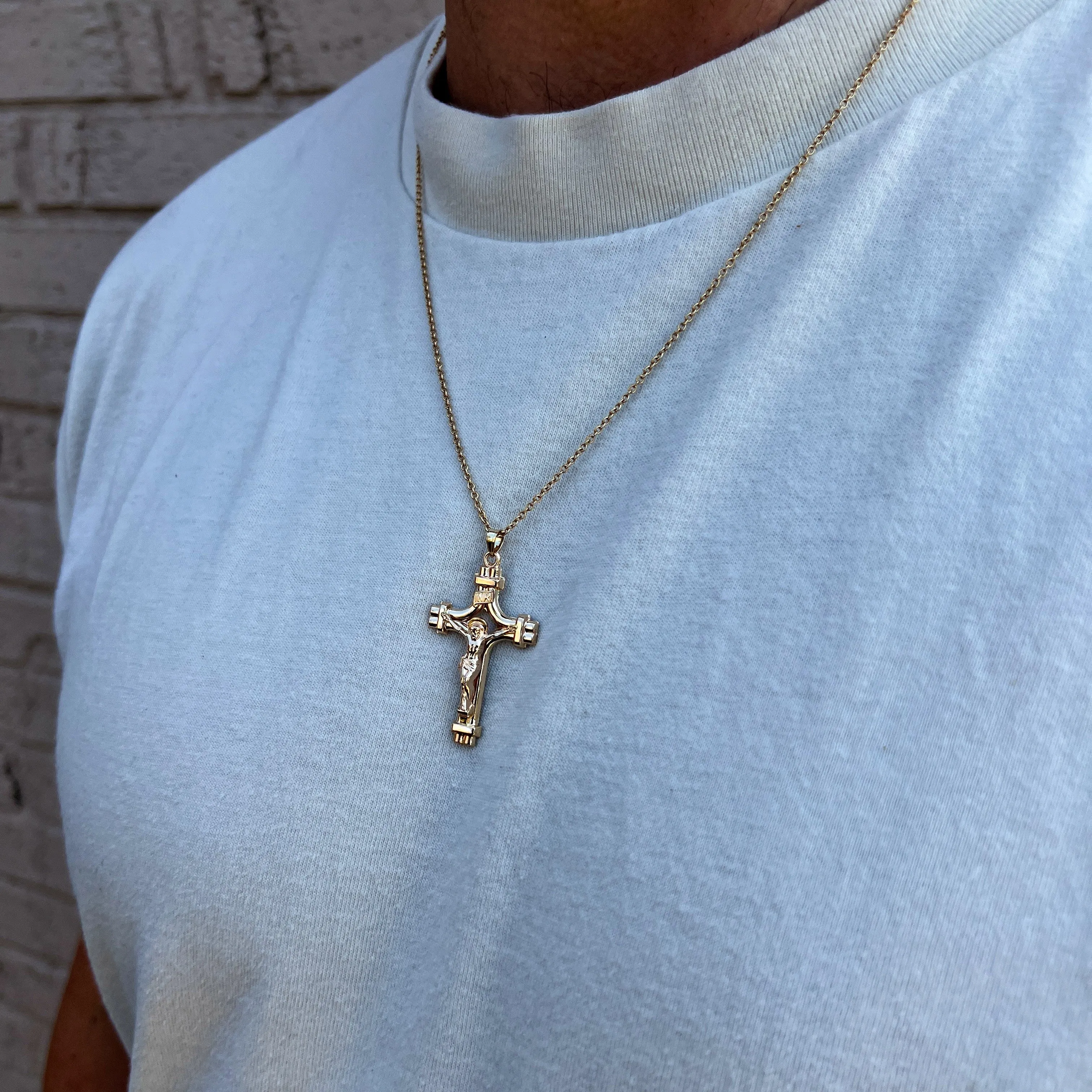 14K YELLOW GOLD XXL PIERCED TUBE INRI CRUCIFIX PENDANT
