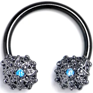 16 Gauge 3/8 Blue Gem Black Blossom Bloom Horseshoe Circular Barbell