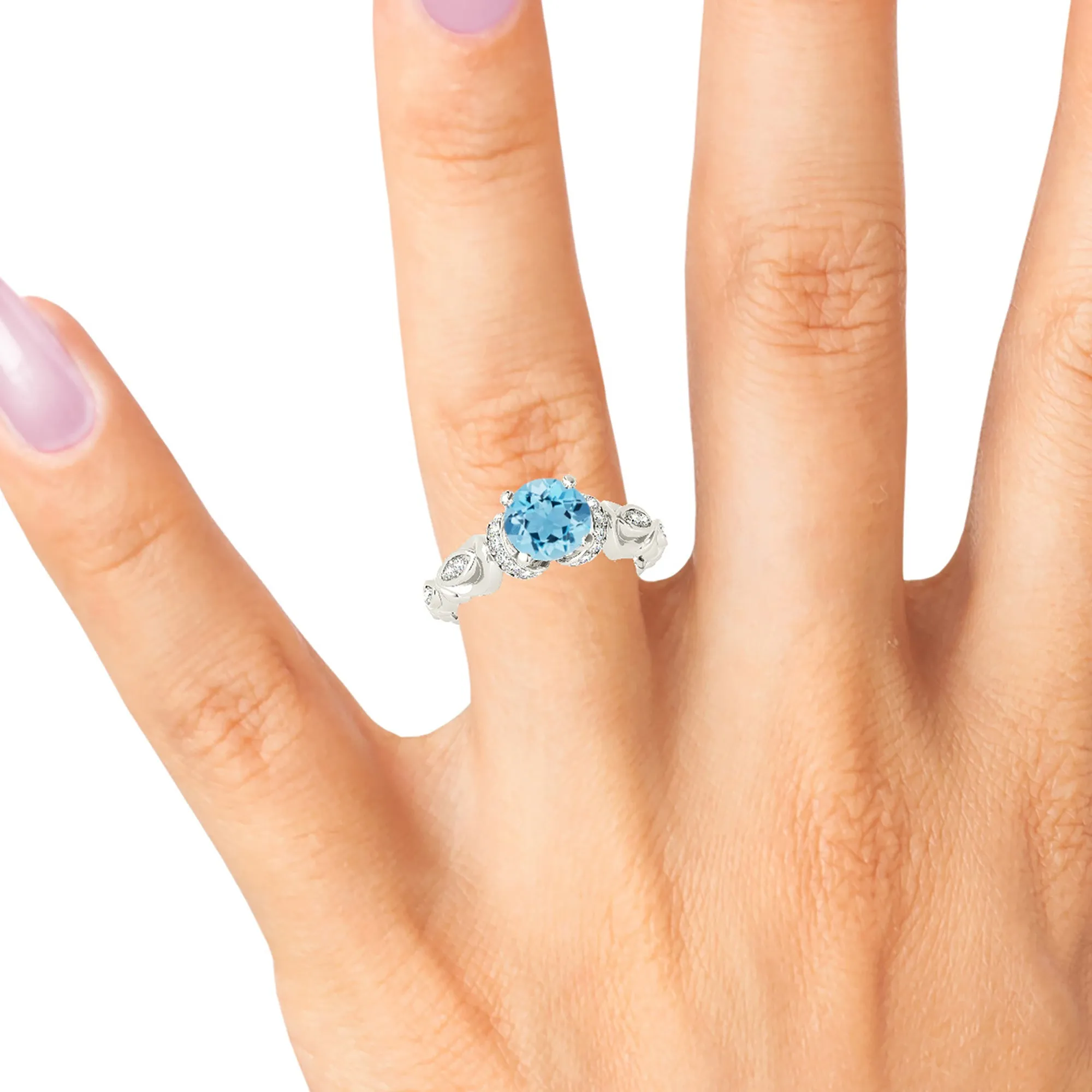 1.75 ct. Genuine Aquamarine Ring With Hand Carved, Floral Delicate Band