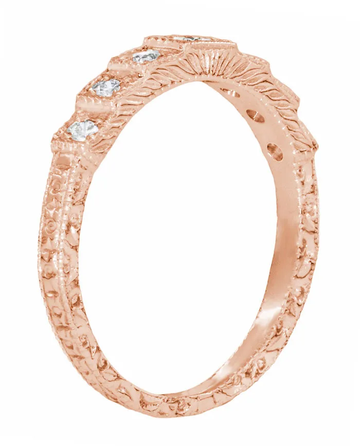1920's Art Deco 14 Karat Rose Gold Carved Tiered "Wedding Cake" Diamond Wedding Band