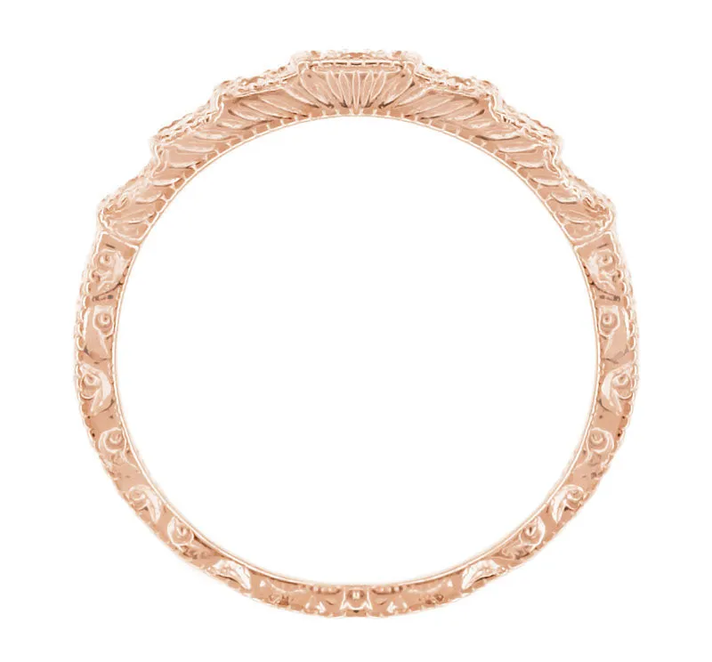 1920's Art Deco 14 Karat Rose Gold Carved Tiered "Wedding Cake" Diamond Wedding Band