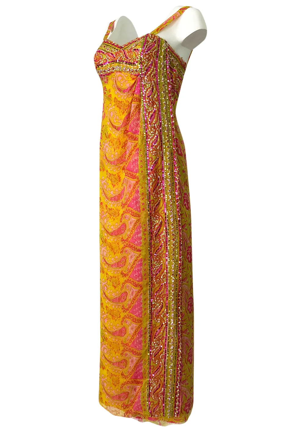 1960s Unlabeled Pink & Gold Sequin Detail Sari Inspired Silk Print Dress