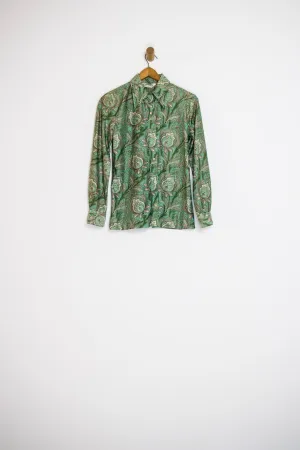 1970’s GREEN PAISLEY BUTTON UP / SMALL
