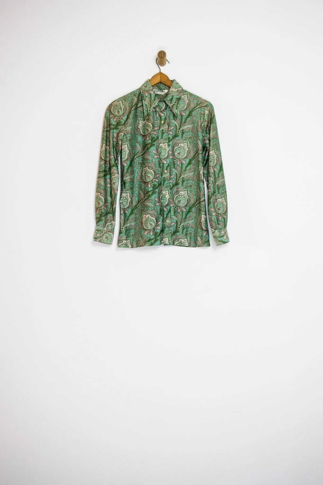 1970’s GREEN PAISLEY BUTTON UP / SMALL
