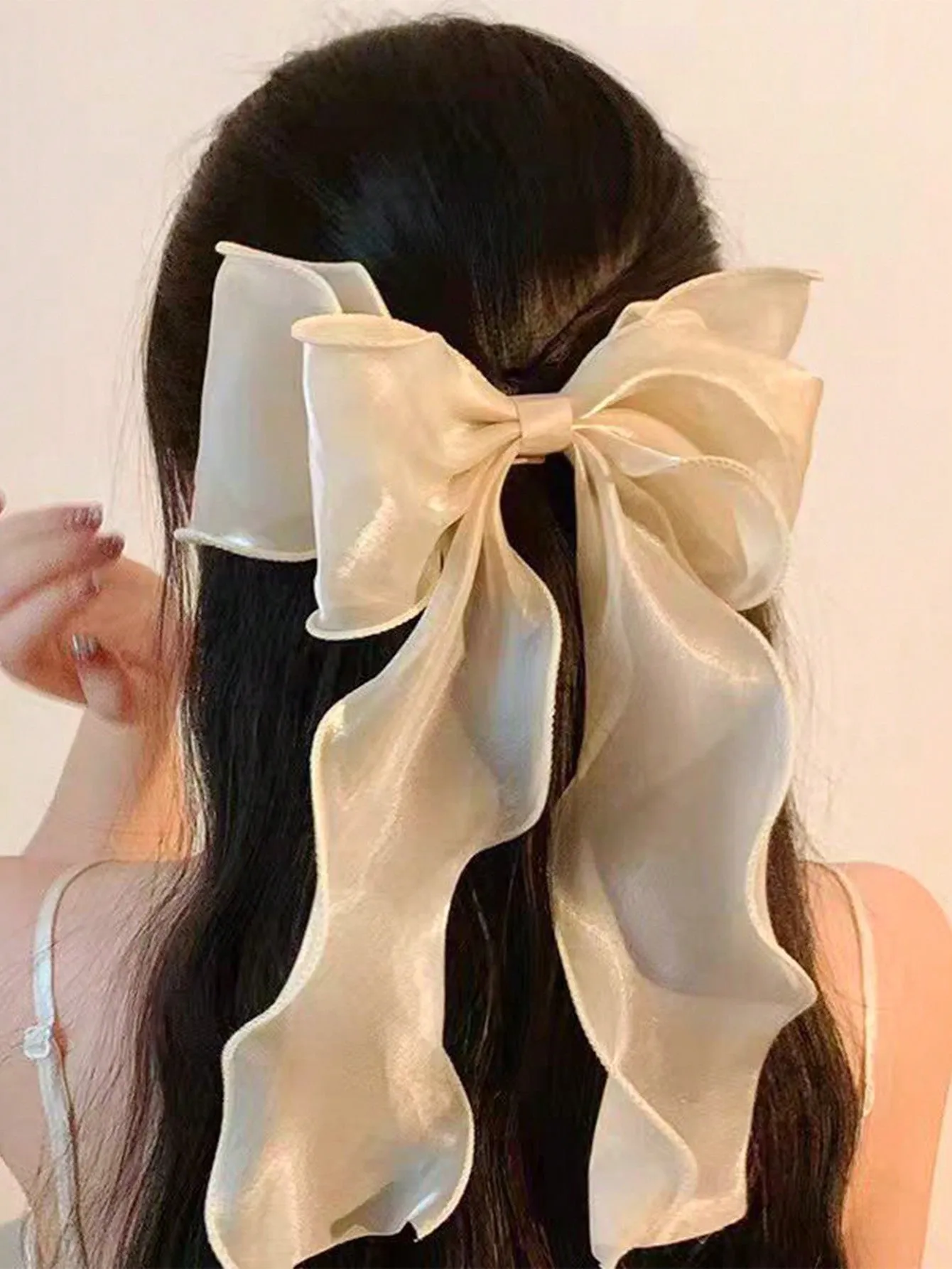 1pc Beige Mesh Ribbon Bow With Curly Tails Spring- FD ⚡
