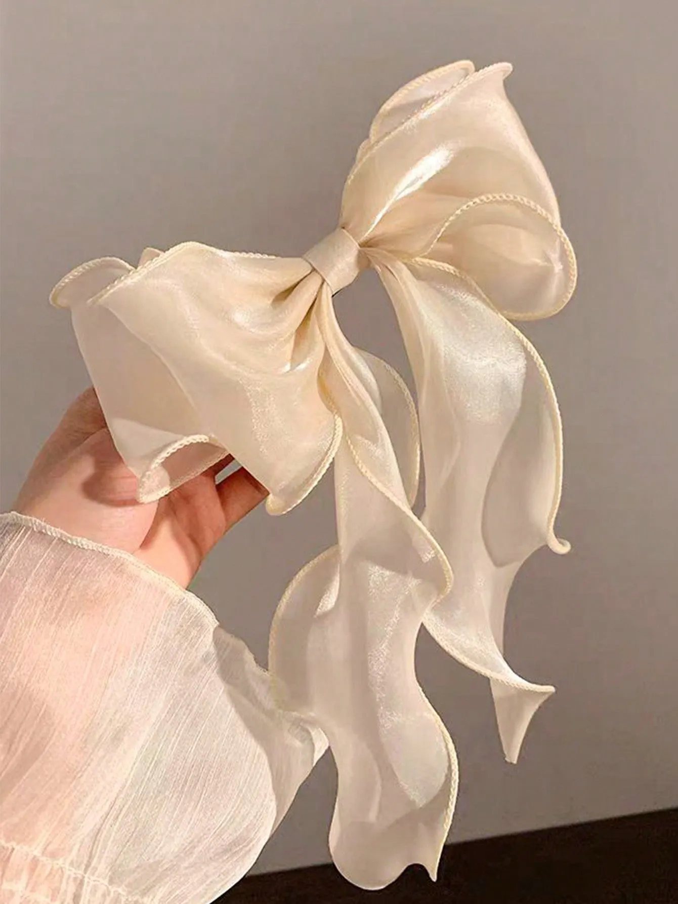 1pc Beige Mesh Ribbon Bow With Curly Tails Spring- FD ⚡