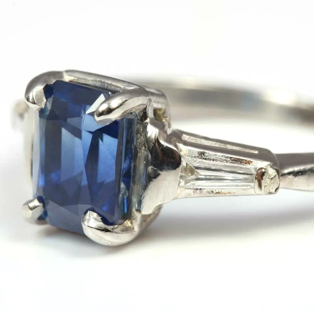 3.19ct Natural Sapphire - Rectangular Cushion Cut with Tapered Baguettes in Platinum