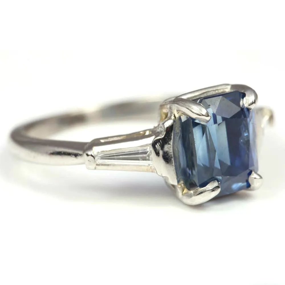 3.19ct Natural Sapphire - Rectangular Cushion Cut with Tapered Baguettes in Platinum