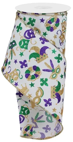 4" Mardi Gras Pattern: White, Mardi Gras (10 Yards) RGE124527