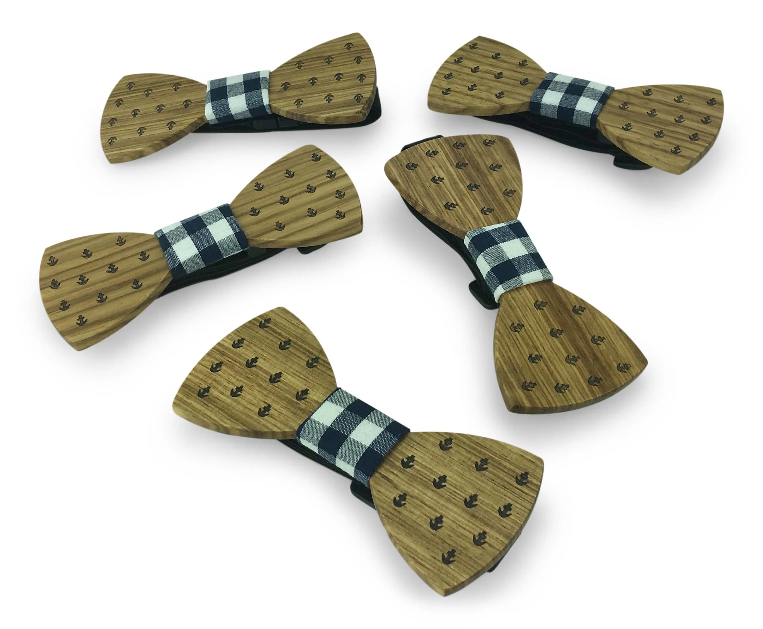 5 Pack Wooden Bow Tie-Creative Handmade Wood Bowtie-Anchor & Blue Plaid