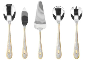 5 Piece Hostess Set - 18/10 Stainless Steel Serving Utensil Set - Gorgeous Floral Handle with Gold Detailing - Dishwasher Safe - Silver and Gold Flatware Hostess Serveware (Amalfi)