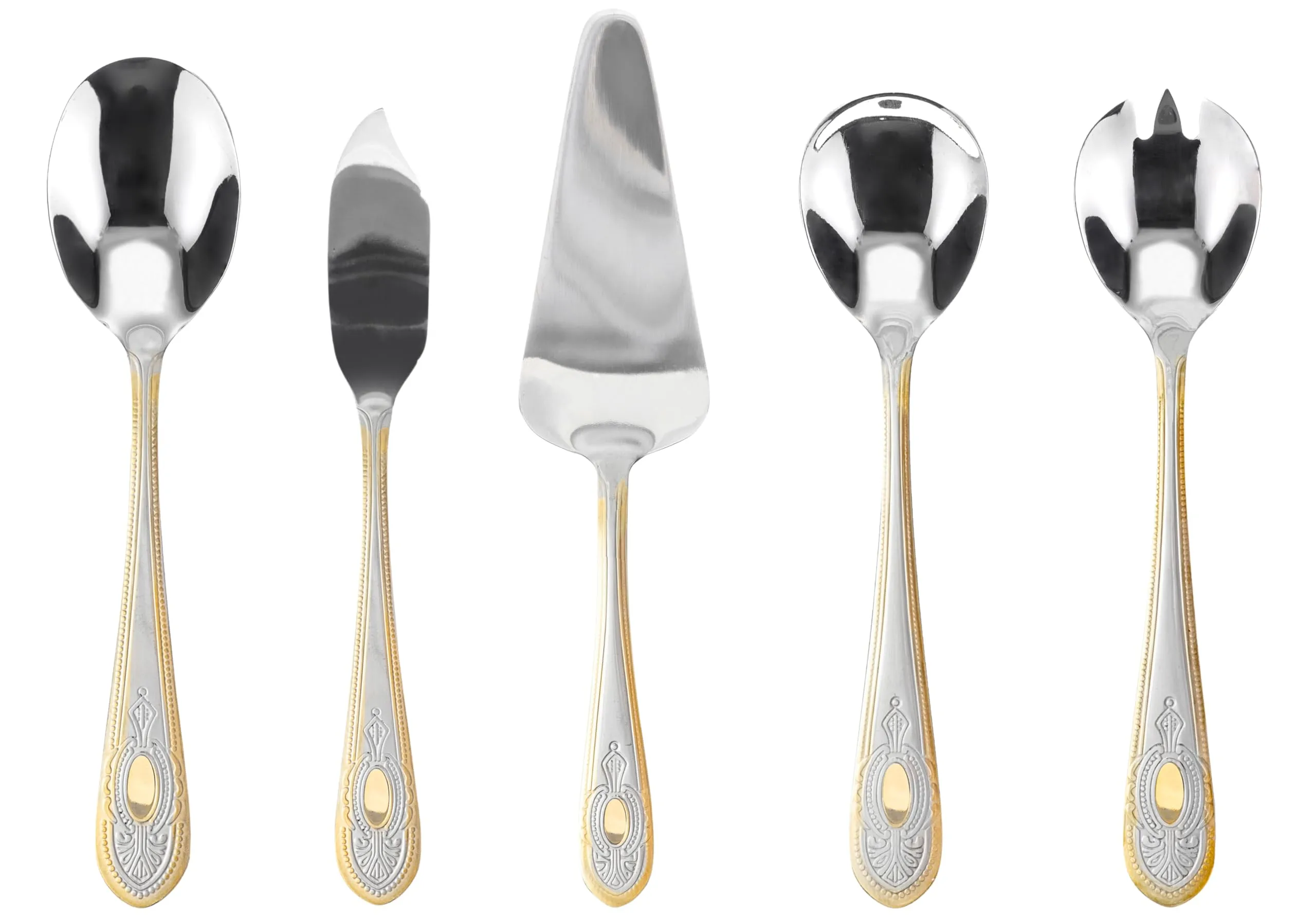 5 Piece Hostess Set - 18/10 Stainless Steel Serving Utensil Set - Gorgeous Floral Handle with Gold Detailing - Dishwasher Safe - Silver and Gold Flatware Hostess Serveware (Amalfi)
