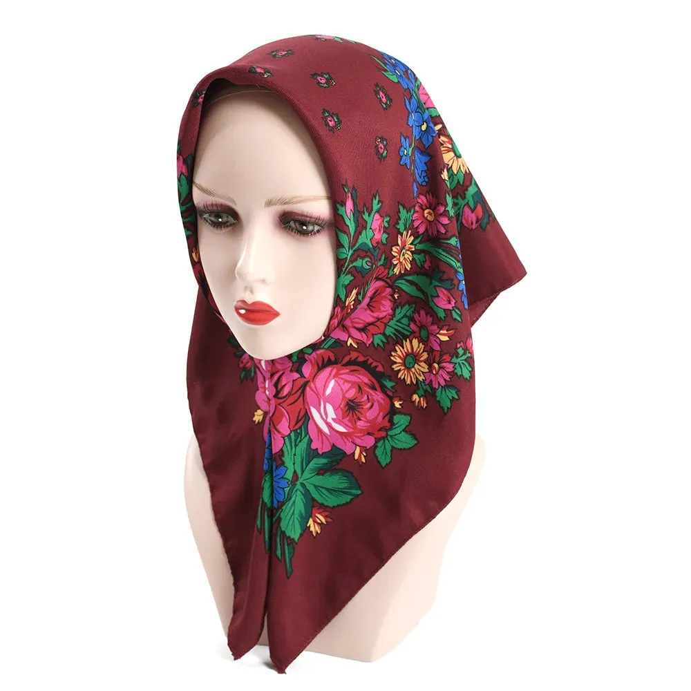 70*70cm Luxury Flowers Square Russian Scarf Women Floral Printed Shawl Female Bandana Head Wrap Headband Scarves Handkerchief