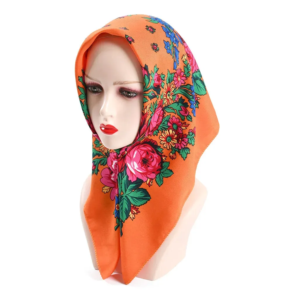 70*70cm Luxury Flowers Square Russian Scarf Women Floral Printed Shawl Female Bandana Head Wrap Headband Scarves Handkerchief