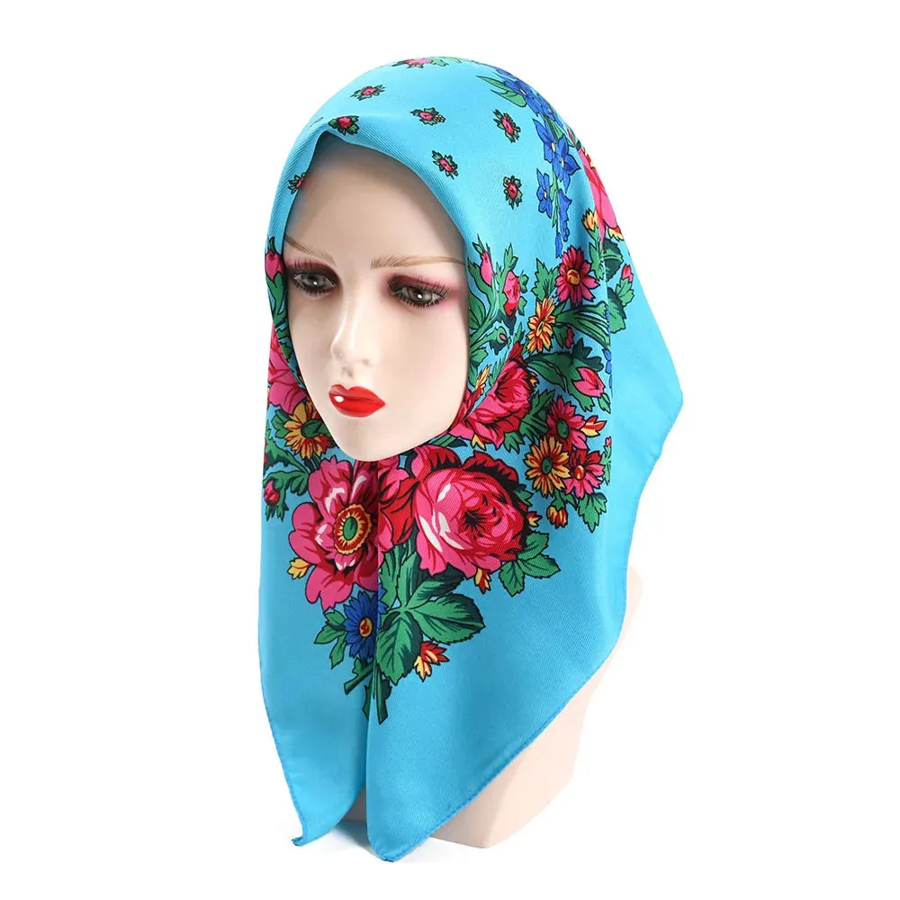 70*70cm Luxury Flowers Square Russian Scarf Women Floral Printed Shawl Female Bandana Head Wrap Headband Scarves Handkerchief