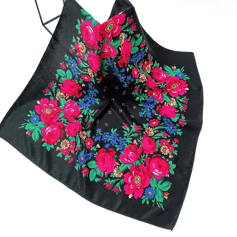 70*70cm Luxury Flowers Square Russian Scarf Women Floral Printed Shawl Female Bandana Head Wrap Headband Scarves Handkerchief
