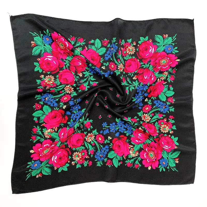 70*70cm Luxury Flowers Square Russian Scarf Women Floral Printed Shawl Female Bandana Head Wrap Headband Scarves Handkerchief