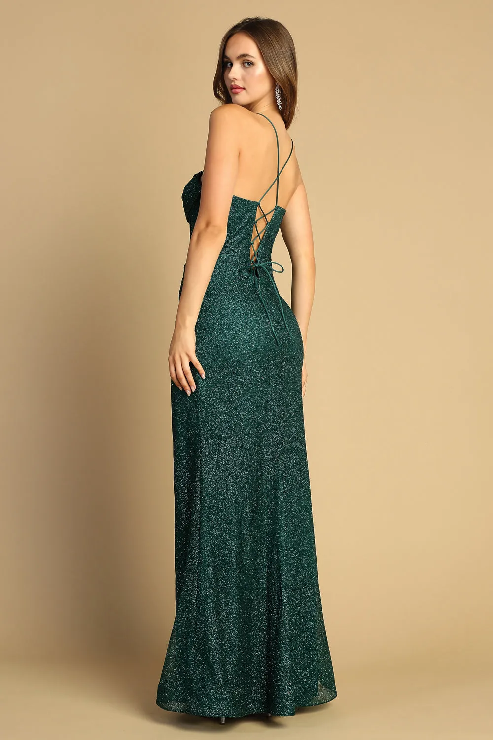 AD 3169 - Glittery Fit & Flare Prom Gown with Cowl Neck Corset Bodice Open Lace Up Back & Leg Slit