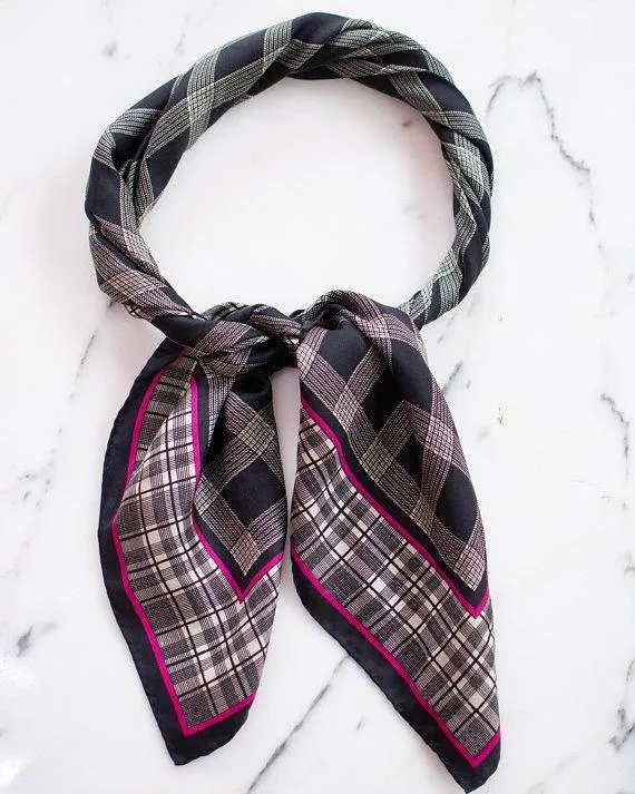 Anne Klein Silk Scarf Black, White, and Pink Checkerboard Pattern