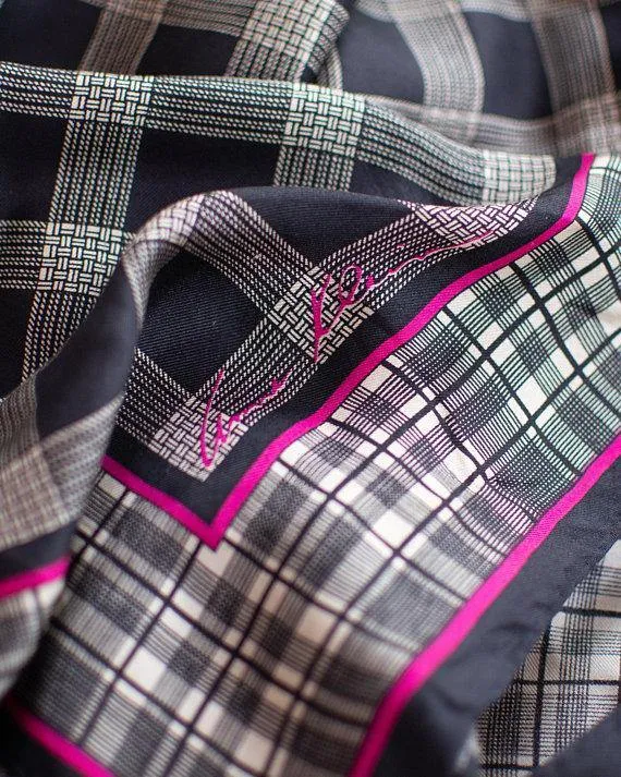 Anne Klein Silk Scarf Black, White, and Pink Checkerboard Pattern