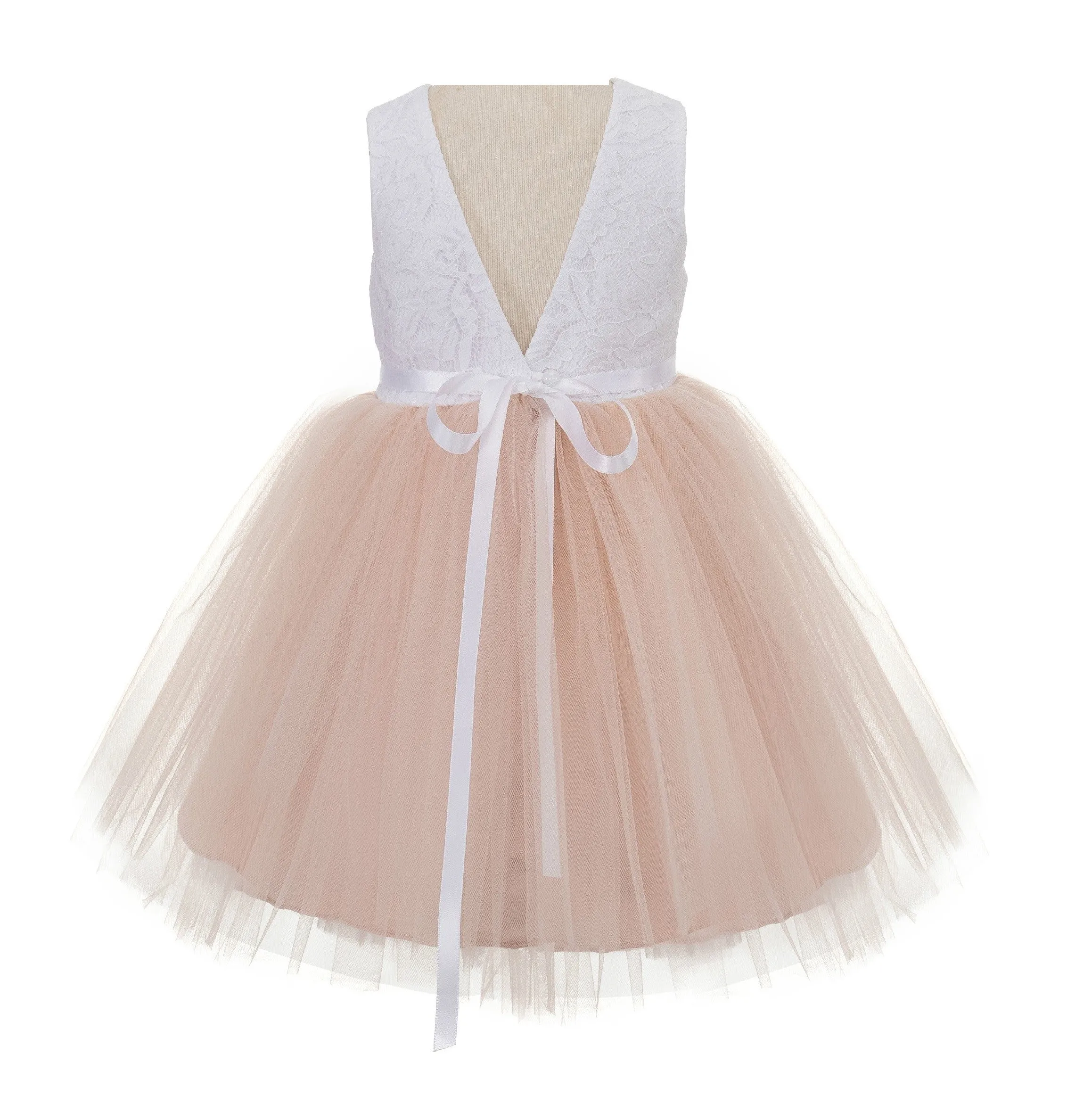 Backless V-Back Lace Flower Girl Dress Dance Recital Ceremonial Gown Formal Birthday Party 206R1