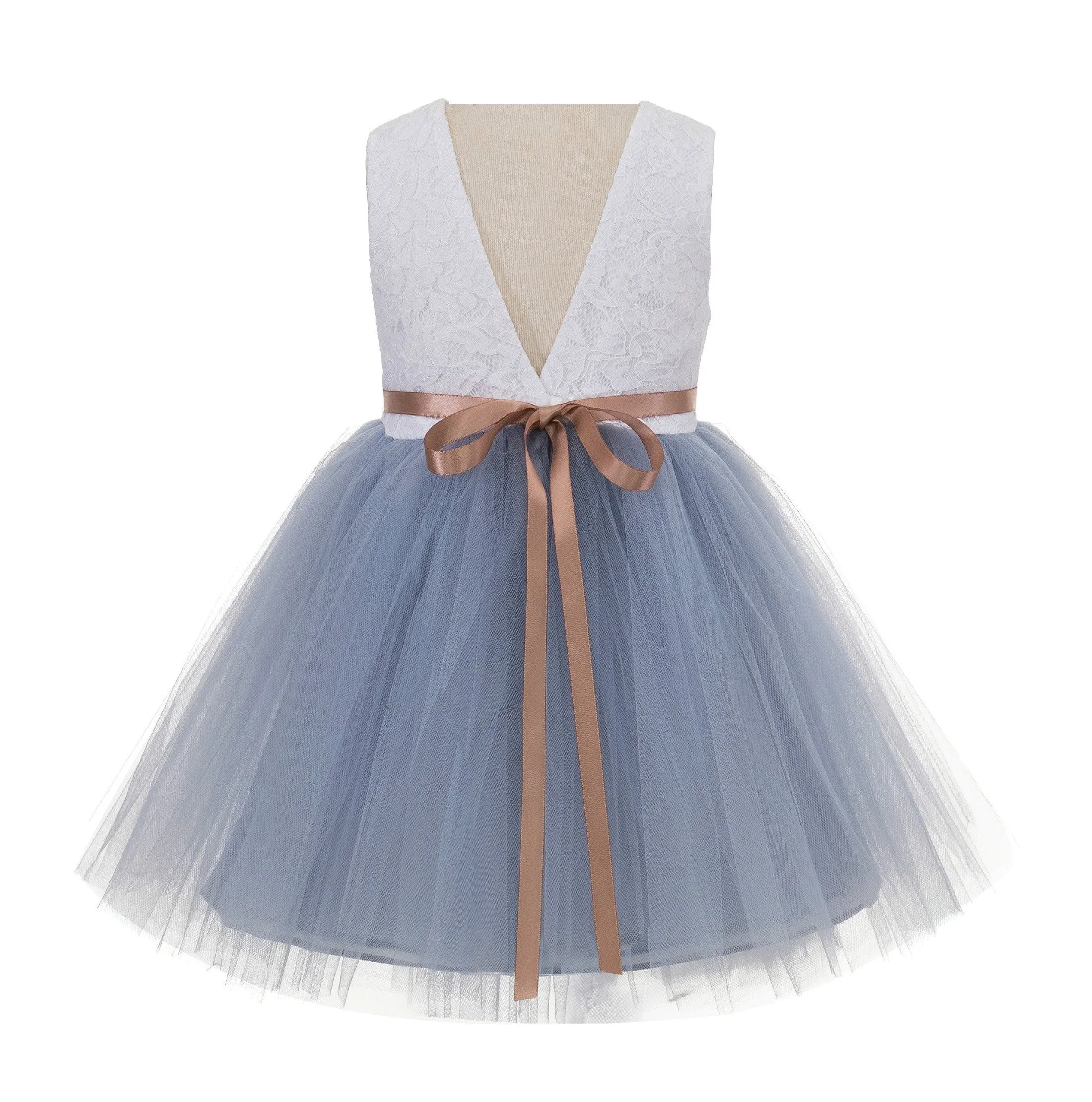 Backless V-Back Lace Flower Girl Dress Dance Recital Ceremonial Gown Formal Birthday Party 206R1