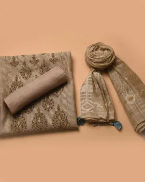 Beige With Blue Chanderi Silk Blend Printed With Embroidery Unstitched Suit Fabric Set With Chanderi Woven Dupatta