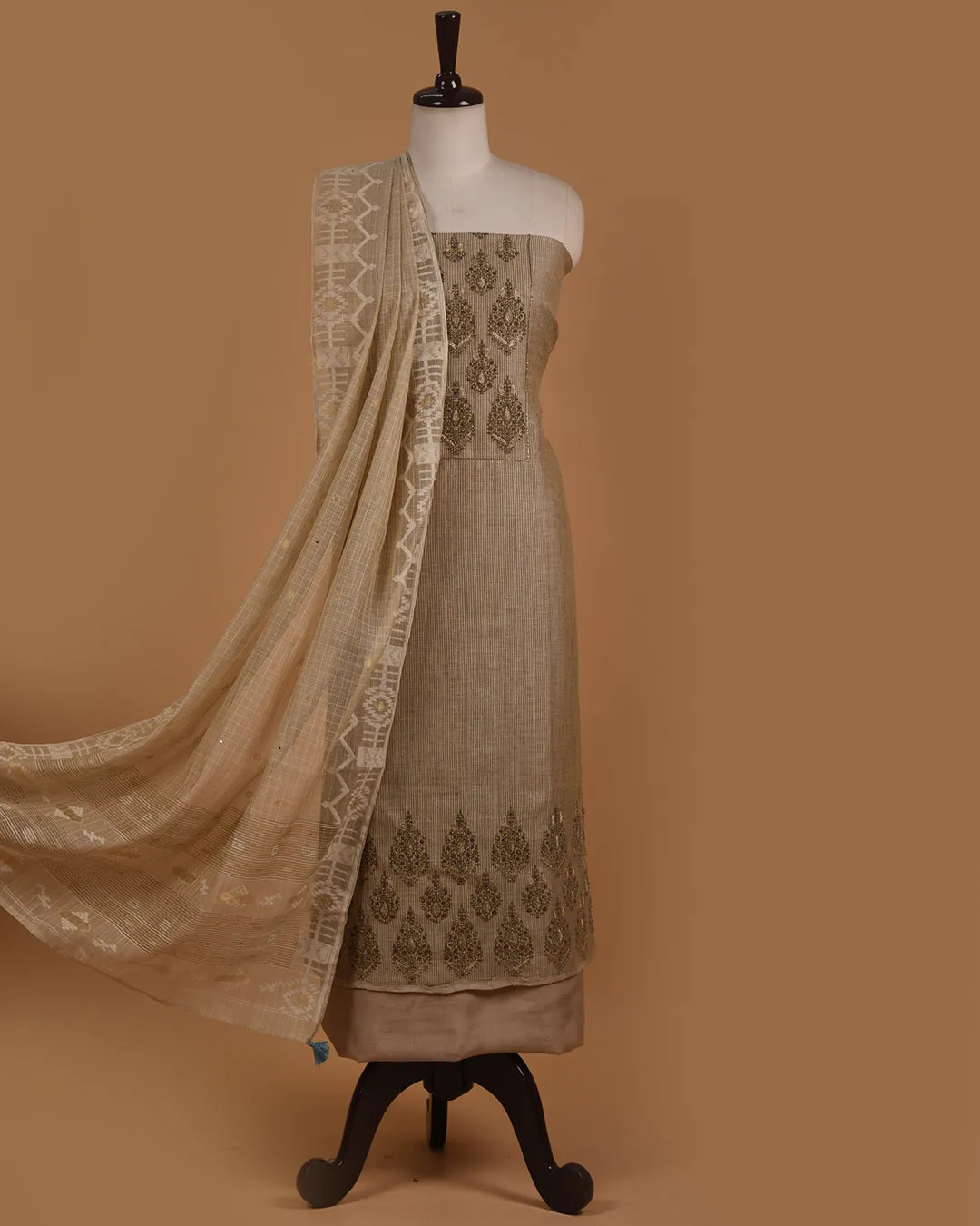 Beige With Blue Chanderi Silk Blend Printed With Embroidery Unstitched Suit Fabric Set With Chanderi Woven Dupatta