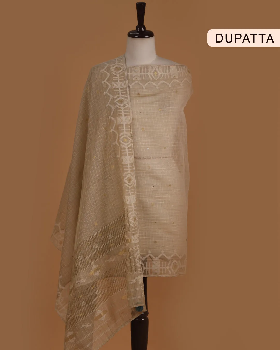 Beige With Blue Chanderi Silk Blend Printed With Embroidery Unstitched Suit Fabric Set With Chanderi Woven Dupatta