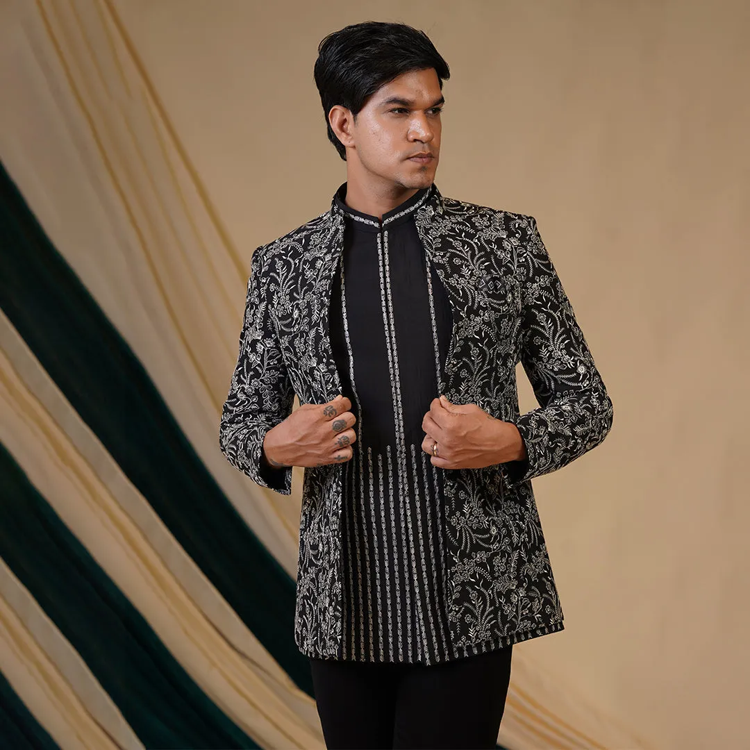 Black Elegant Floral Threadwork 3 Piece Jodhpuri Outfit