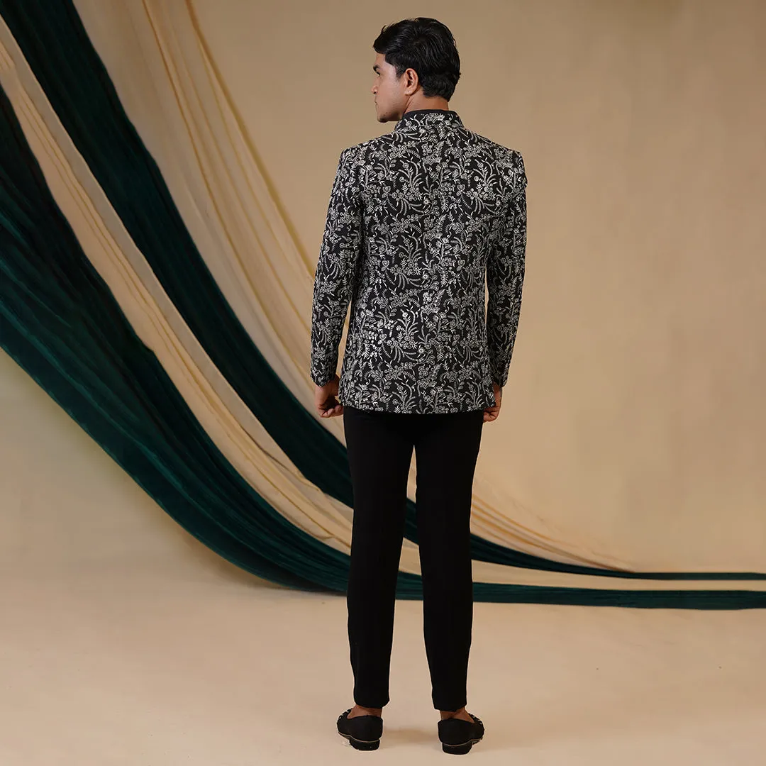 Black Elegant Floral Threadwork 3 Piece Jodhpuri Outfit