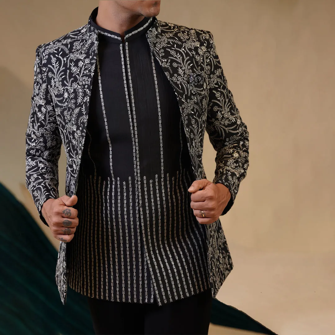 Black Elegant Floral Threadwork 3 Piece Jodhpuri Outfit