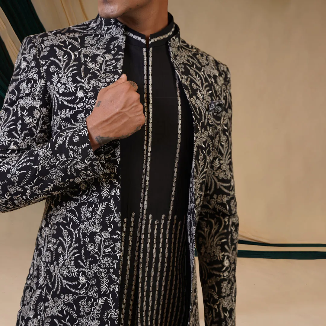 Black Elegant Floral Threadwork 3 Piece Jodhpuri Outfit