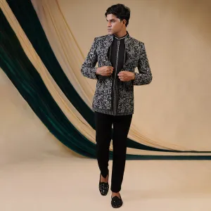Black Elegant Floral Threadwork 3 Piece Jodhpuri Outfit