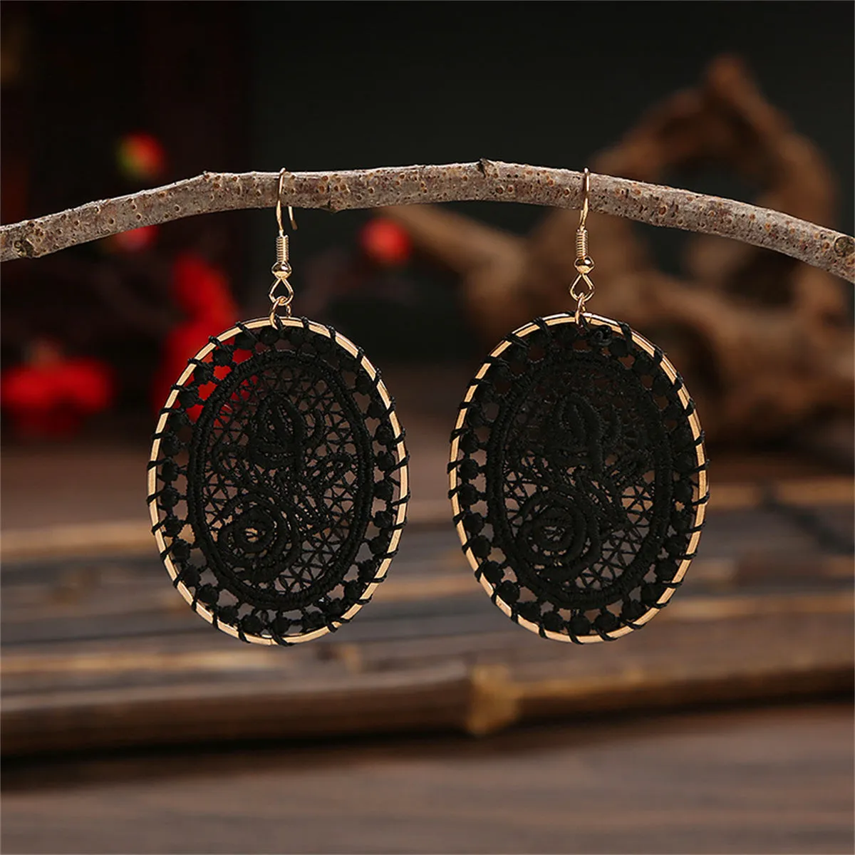 Black Polyster & 18K Gold-Plated Botanical Oval Drop Earrings