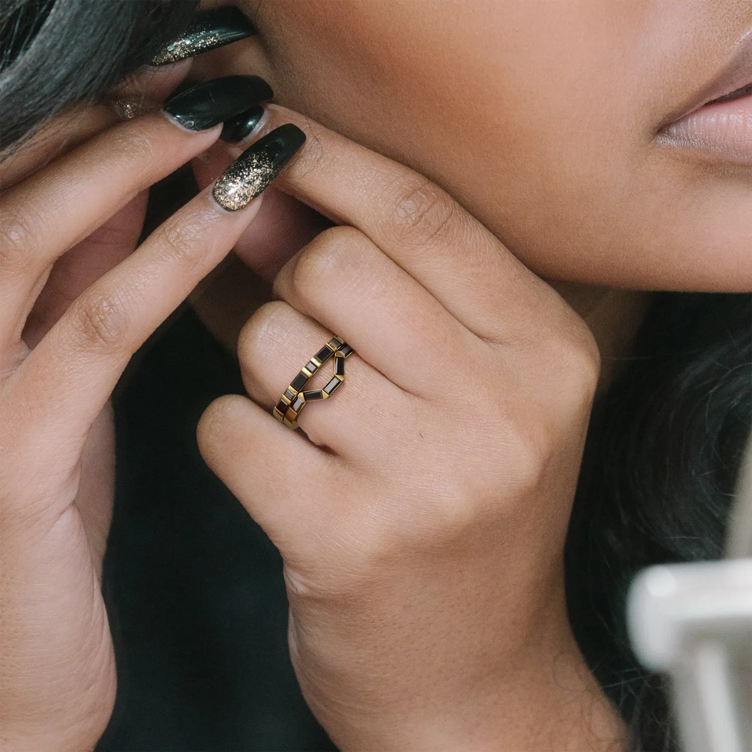 Black Sea Geometric Wedding Ring with Baguette Cut Natural Black Diamonds