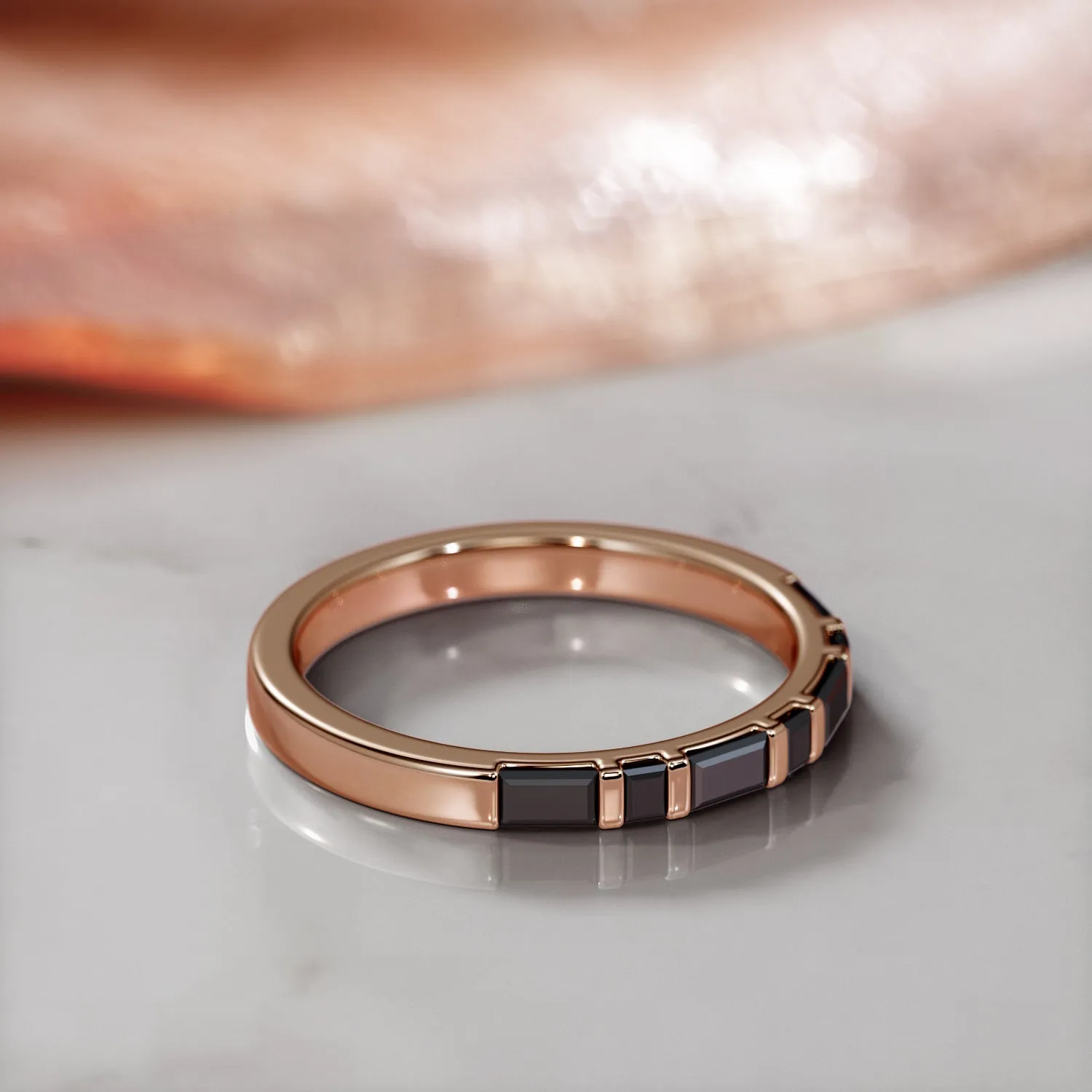Black Sea Geometric Wedding Ring with Baguette Cut Natural Black Diamonds
