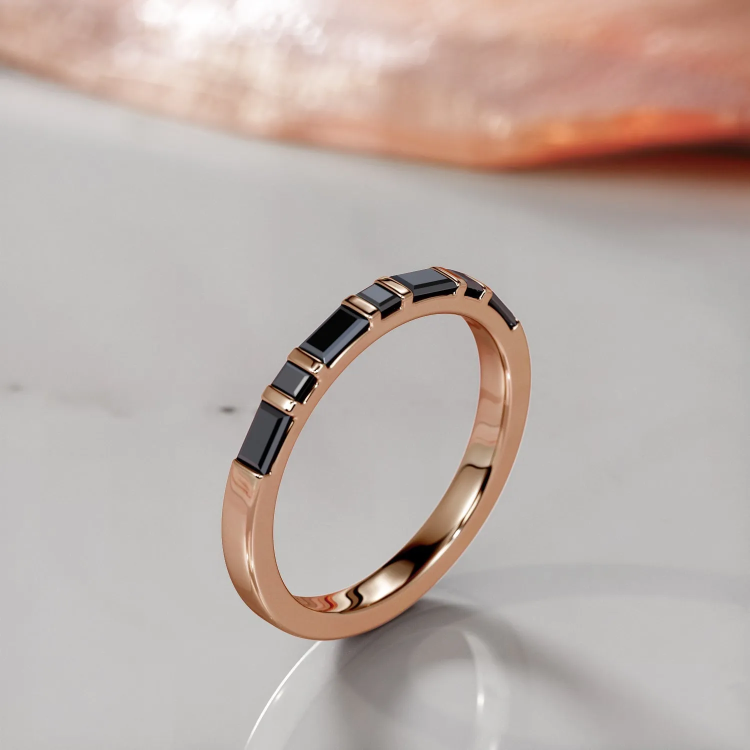 Black Sea Geometric Wedding Ring with Baguette Cut Natural Black Diamonds