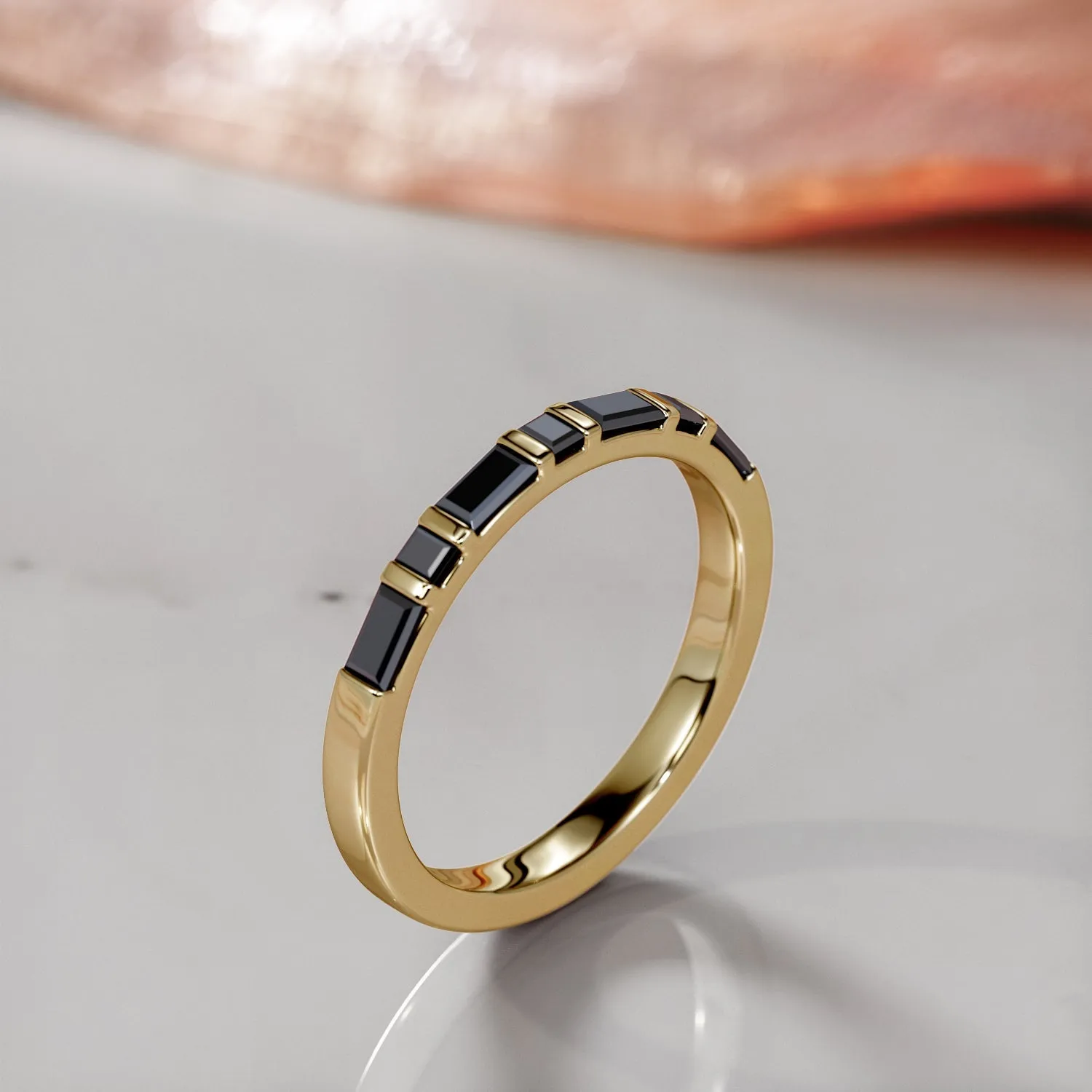 Black Sea Geometric Wedding Ring with Baguette Cut Natural Black Diamonds