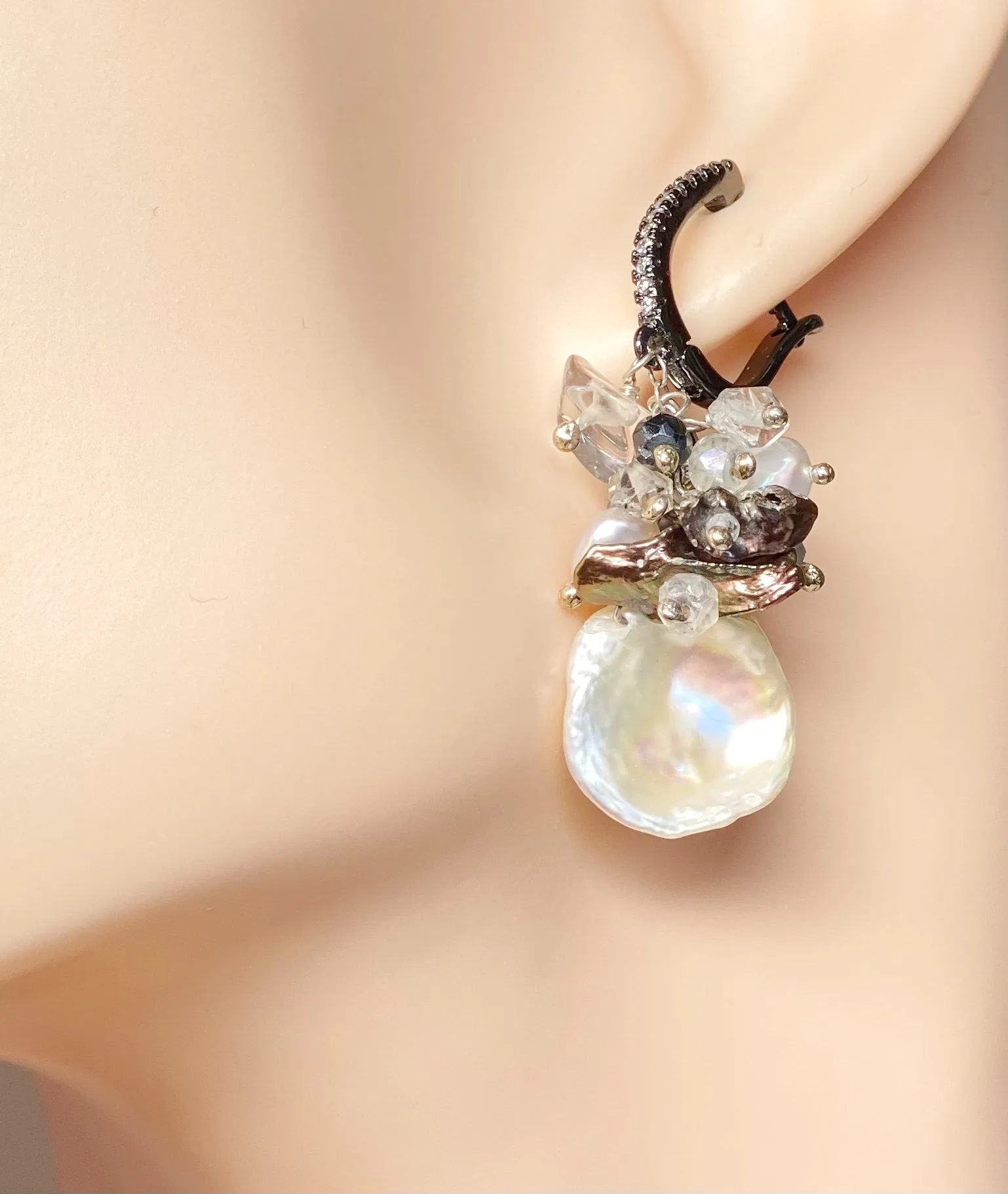 Black Spinel White Keishi Pearl Earrings