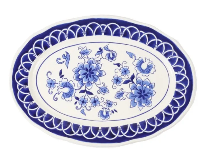 Blue & white floral serving platter tray